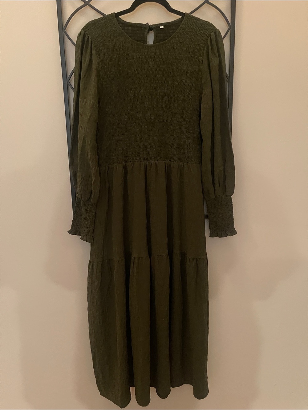 Olive Green Long Sleeve Smocked Maxi Dress - Picture 3 of 6